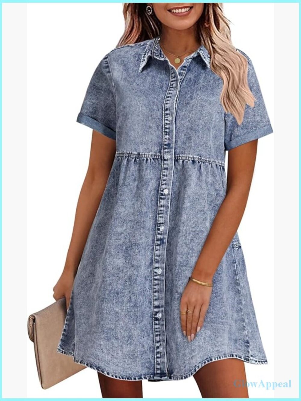 Denim Babydoll Dress Tiered Back Button Down Short Sleeve Loose Fit